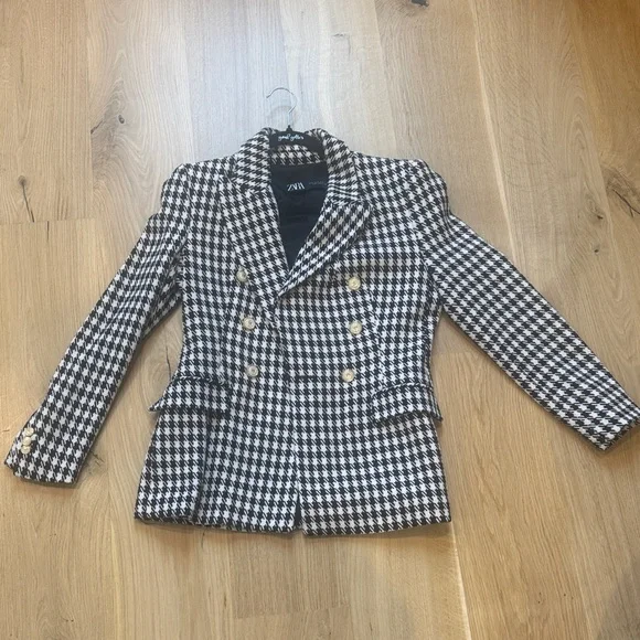 ZARA Black & White Tweed Houndstooth Double-Breasted Blazer - size M - Picture 6 of 14